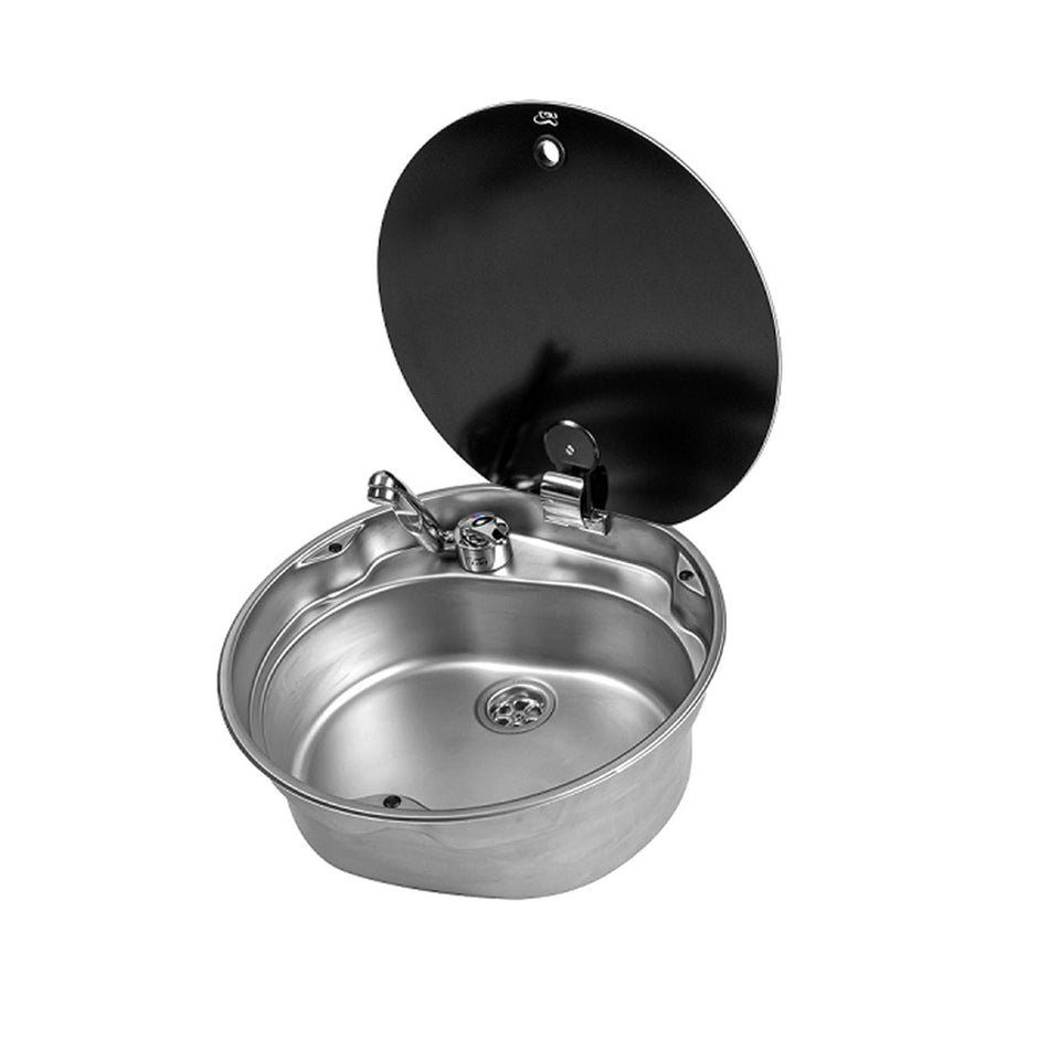 CAN Round Sink with Glass Lid 407mm Dia (Waste and Tap Not Included) Campervan Caravan Motorhome Sink