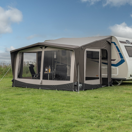 Telta Life 390 awning pitched on caravan