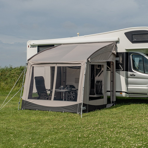Telta Pace 260 poled awning pitched on caravan