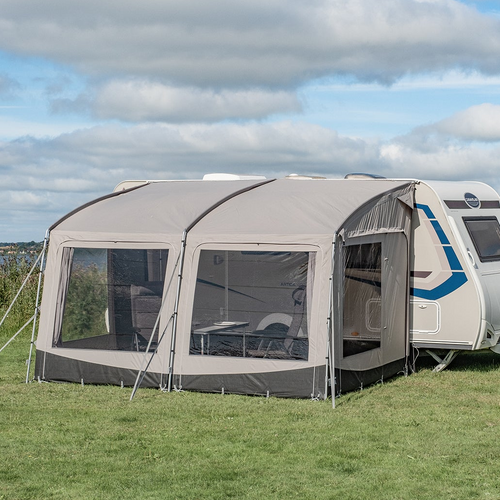Telta Pace 390 poled awning pitched on caravan